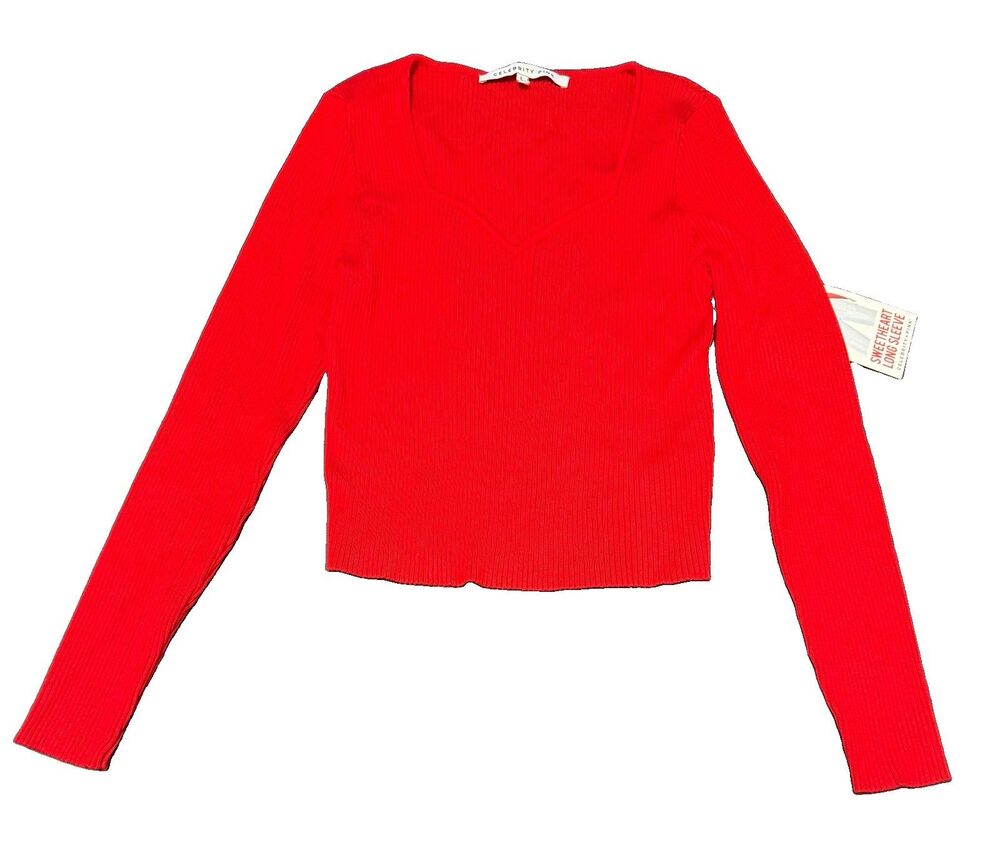 Celebrity Pink Sweetheart Neck Red Junior Large Ribbed Long Sleeve Crop Top NWT